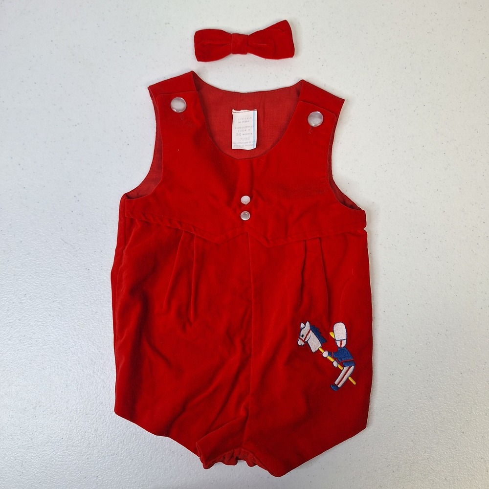 Baby Red Velvet Romper w Toy Soldier Horse Embroidery Bow Tie Set 3-6 Months